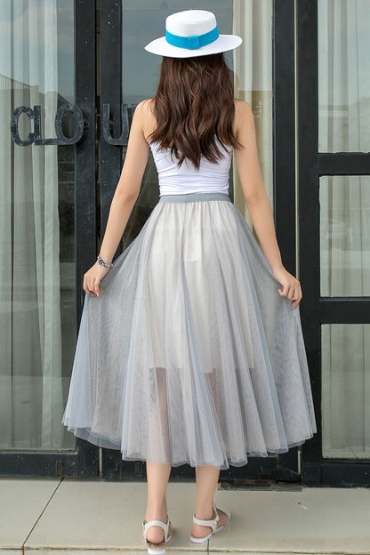Light Grey Chiffon Midi Skirt - High Waisted, Elastic Waistband 2917