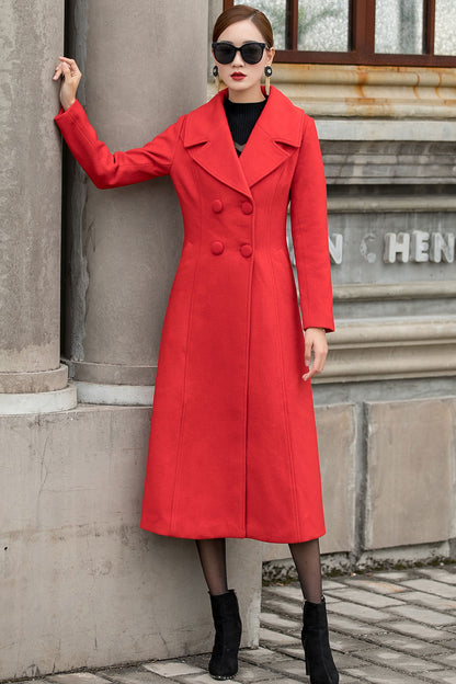 Handmade Red Wool Coat – Vintage Double Breasted Long Winter Overcoat | Xiaolizi 3145