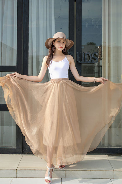 Khaki Chiffon Circle Skirt - Elastic Waist, Big Swing 2916