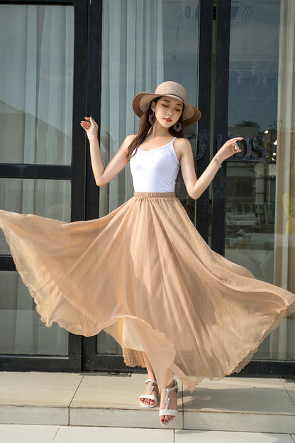 Khaki Chiffon Circle Skirt - Elastic Waist, Big Swing 2916