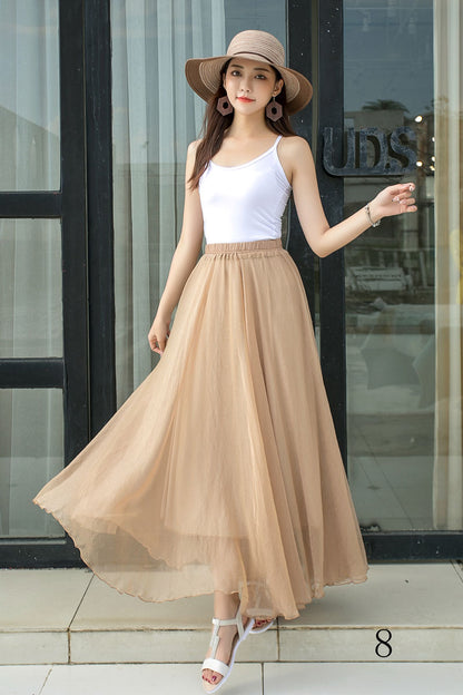 Khaki Chiffon Circle Skirt - Elastic Waist, Big Swing 2916