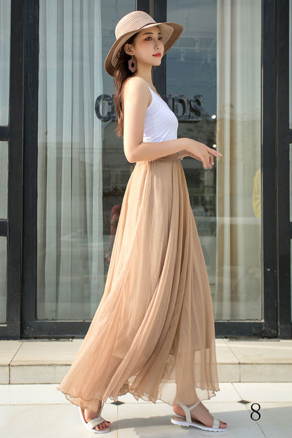Khaki Chiffon Circle Skirt - Elastic Waist, Big Swing 2916