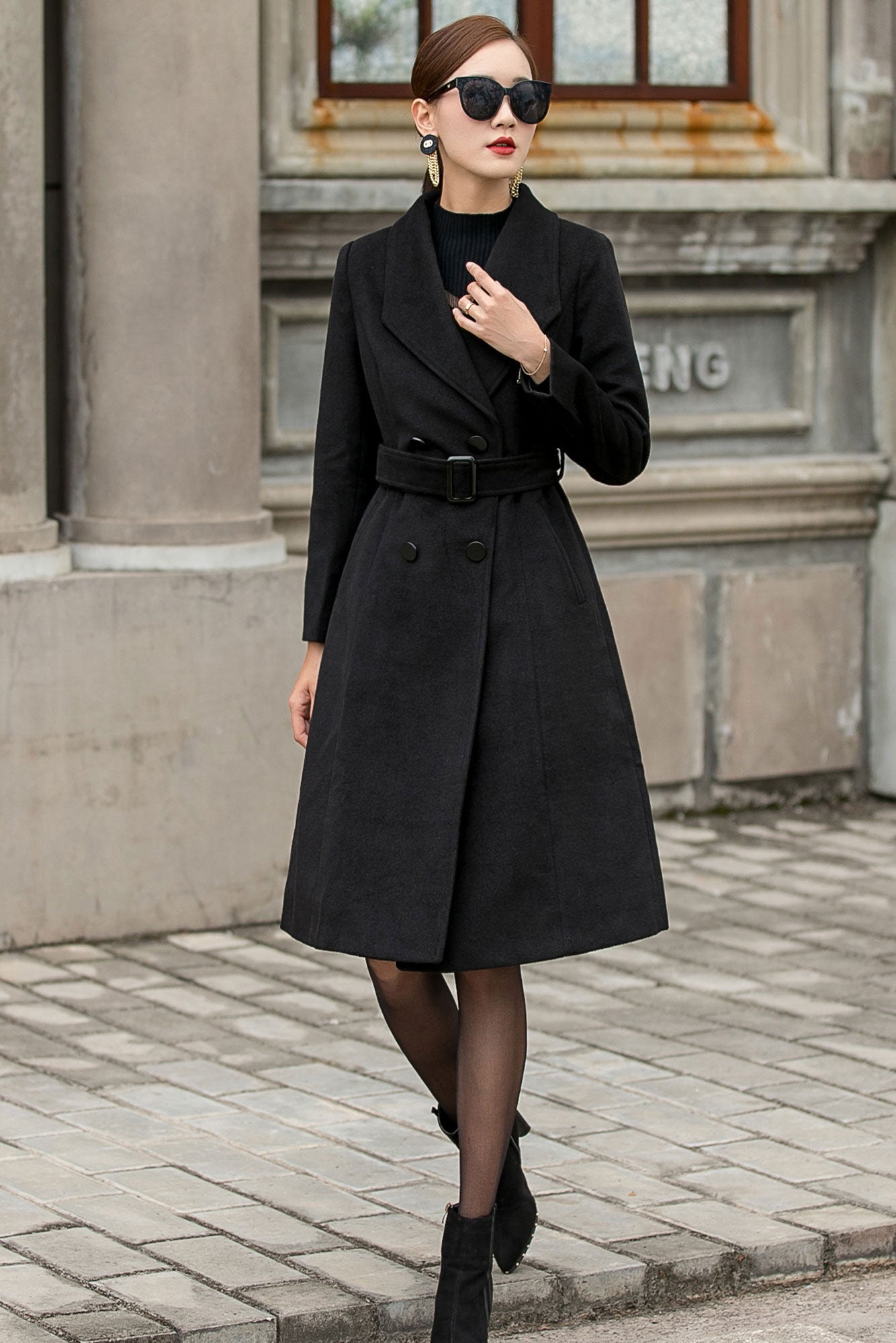 Black wool belted coat hot sale womens