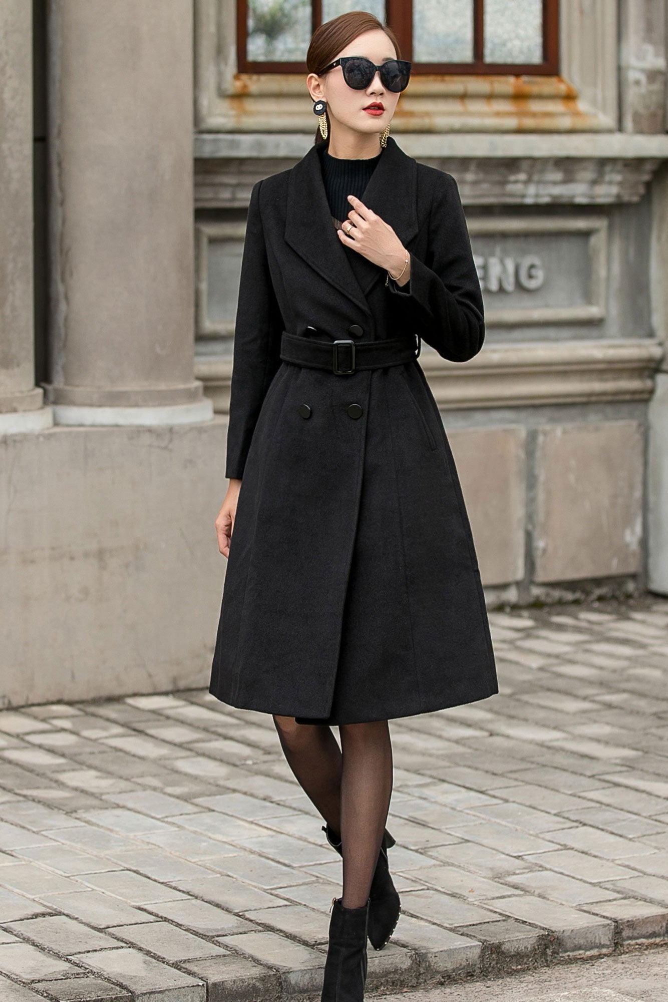 Black Belted Wool Coat Women 3146