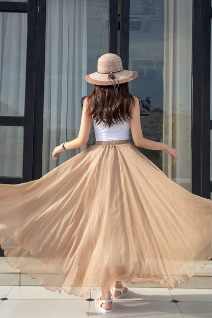 Khaki Chiffon Circle Skirt - Elastic Waist, Big Swing 2916