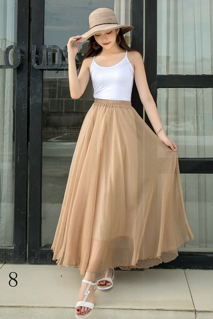 Khaki Chiffon Circle Skirt - Elastic Waist, Big Swing 2916