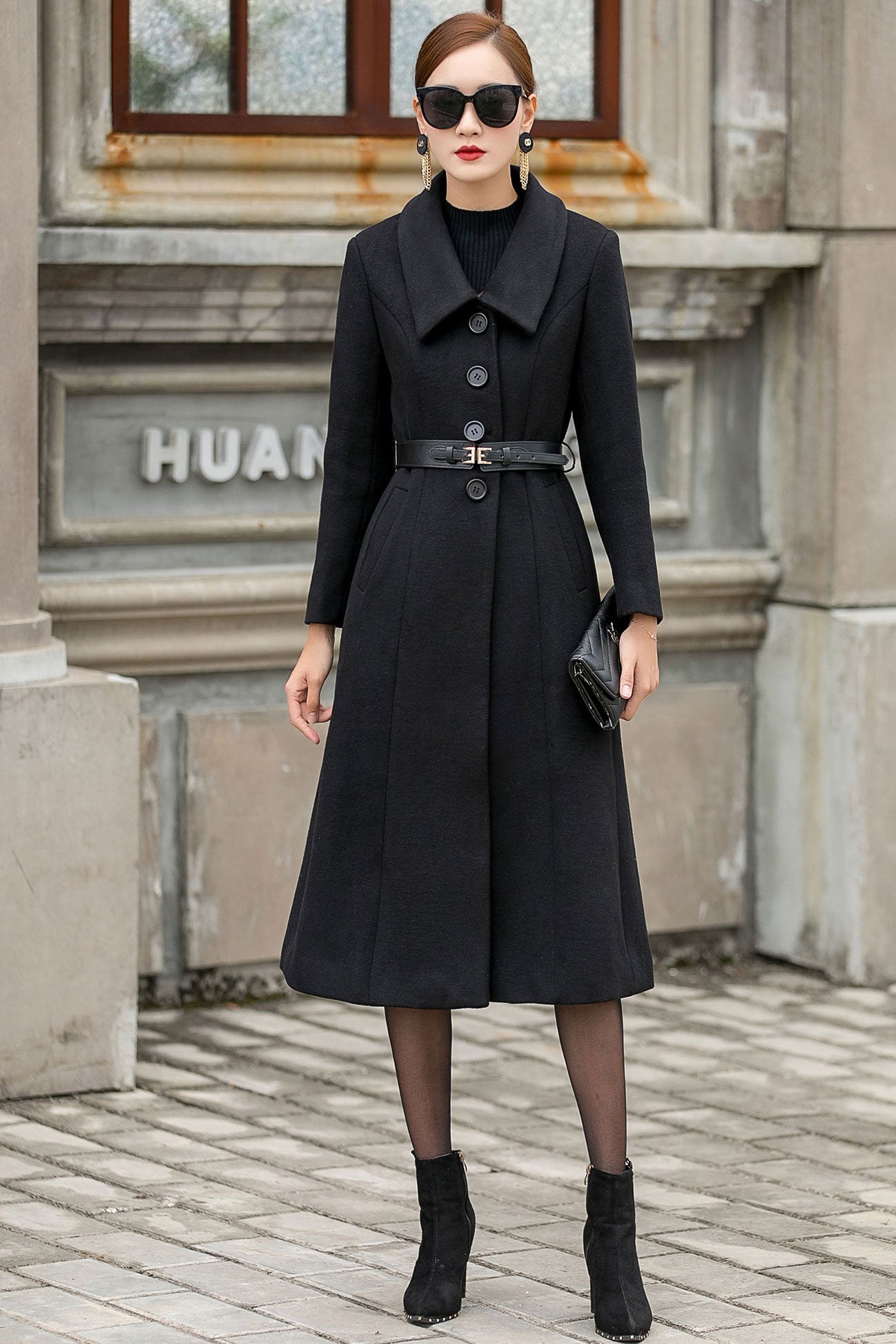 Classic Black Wool Blend Coat – Warm Notch-Lapel Midi Winter Coat, Chic Tailored Fit 3147,Black,M