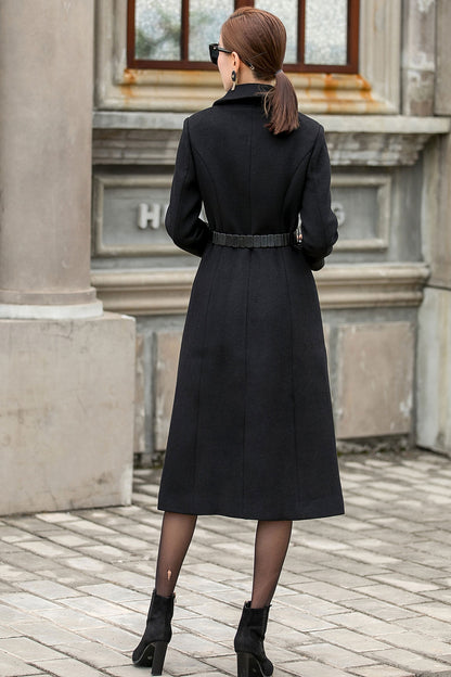 Classic Black Wool Blend Coat – Warm Notch-Lapel Midi Winter Coat, Chic Tailored Fit 3147