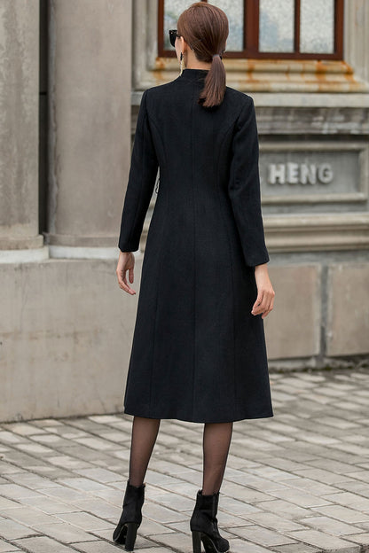Elegant Black Long Wool Coat Women 3148