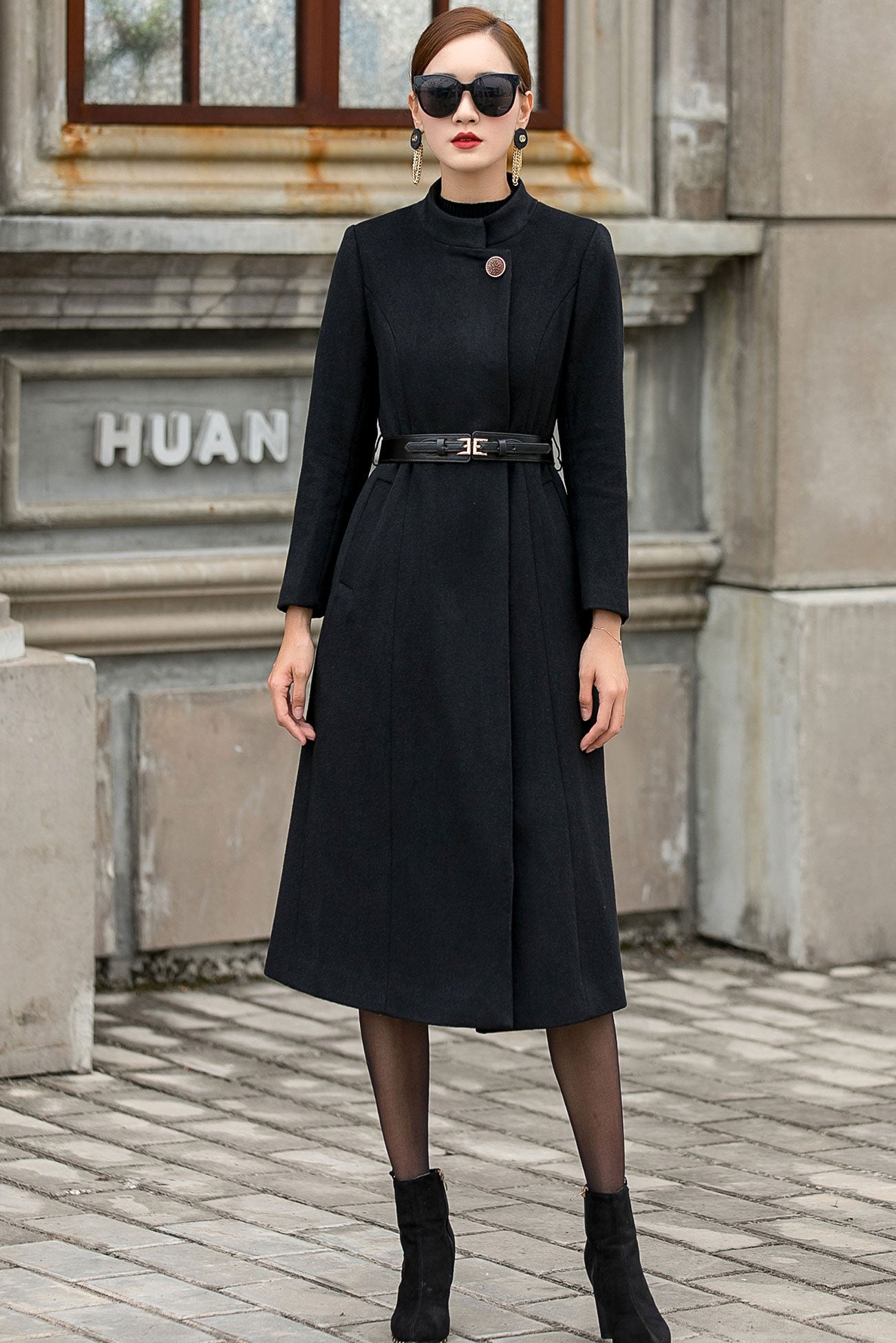 Elegant Black Long Wool Coat Women 3148 Black / XXL