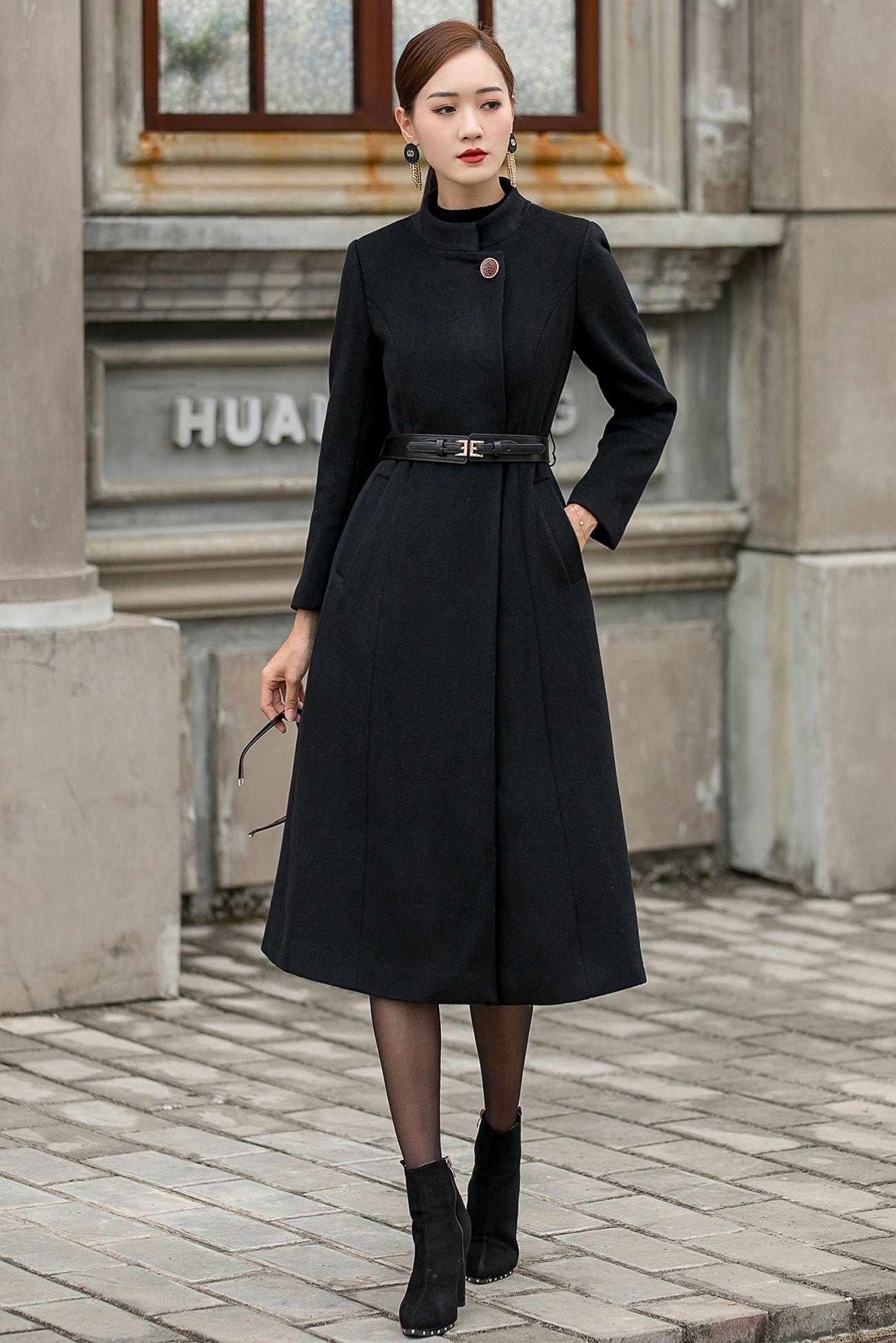 Elegant Black Long Wool Coat Women 3148