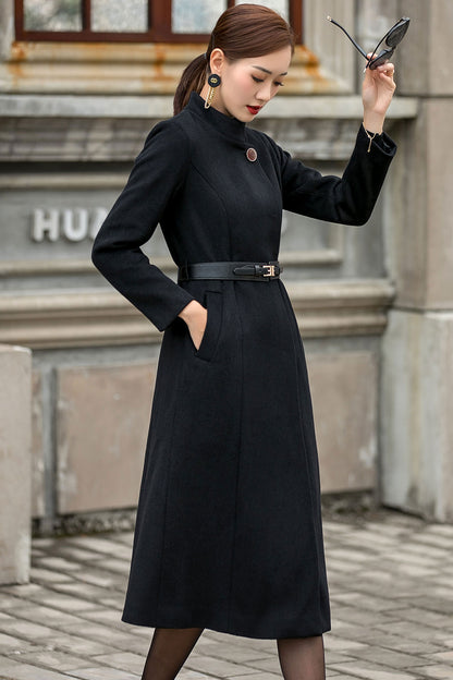 Elegant Black Long Wool Coat Women 3148