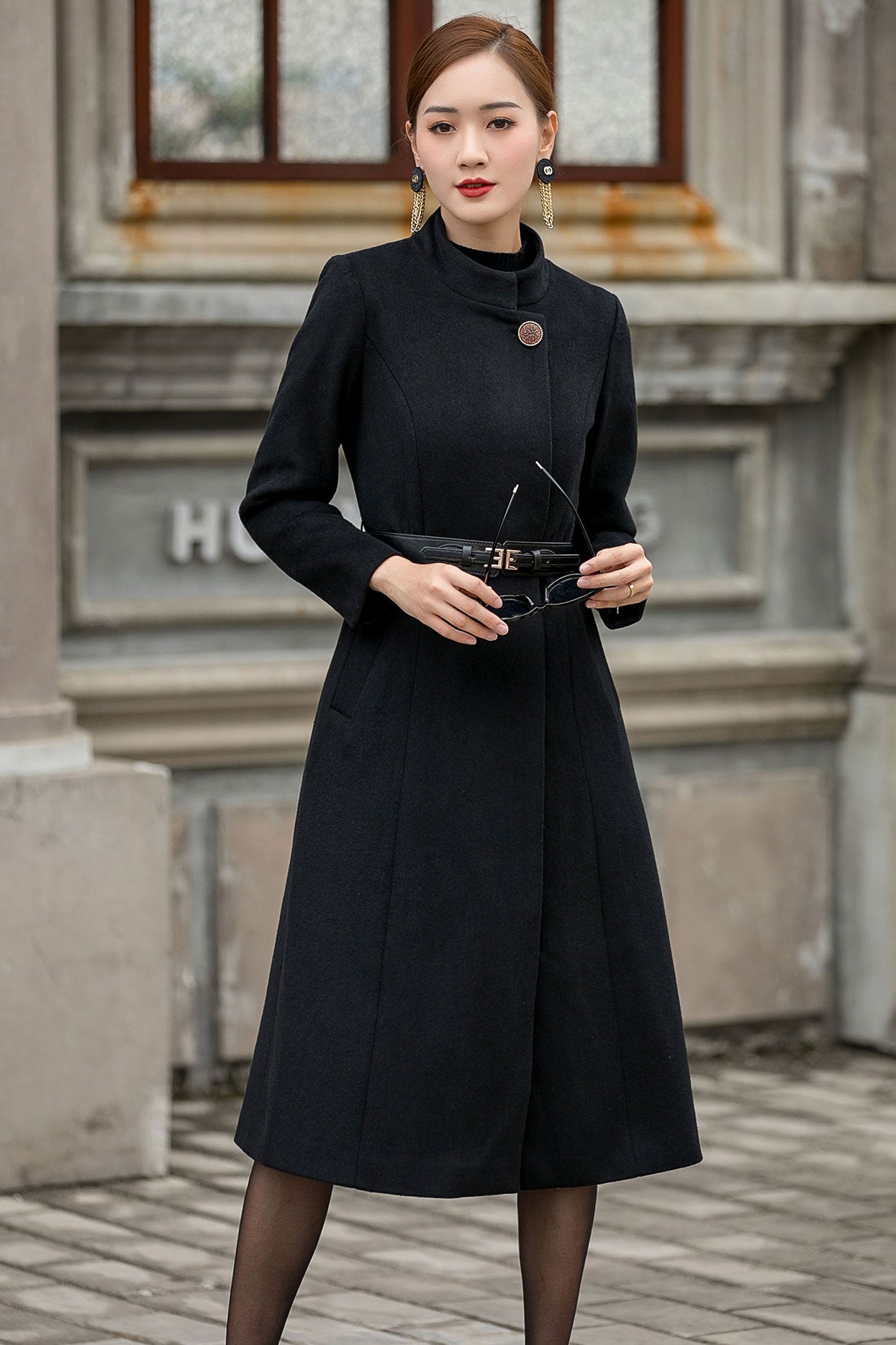 Womens black wool maxi coat Clearance