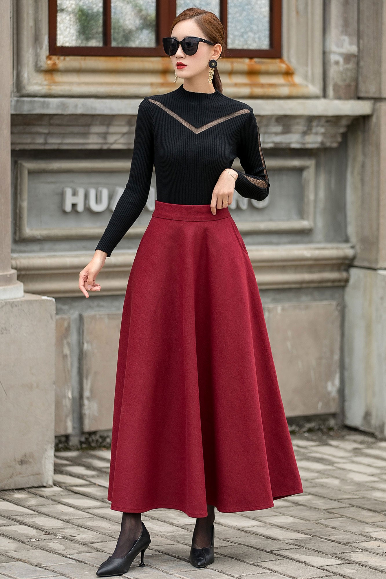 Vintage Inspired Burgundy Winter Maxi Wool Skirt 3150 – XiaoLizi