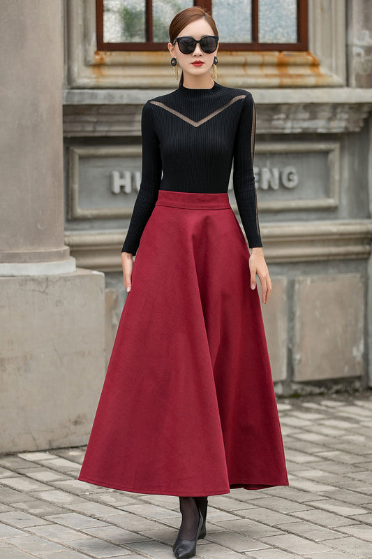 Vintage Inspired Burgundy Winter Maxi Wool Skirt 3150