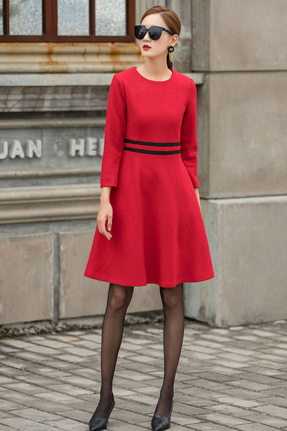 Red Wool A-Line Dress - Contrast Waistband, Long Sleeve 3152