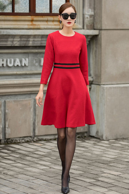 Red Wool A-Line Dress - Contrast Waistband, Long Sleeve 3152