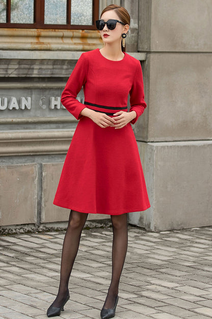 Red Wool A-Line Dress - Contrast Waistband, Long Sleeve 3152