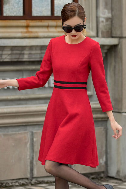 Red Wool A-Line Dress - Contrast Waistband, Long Sleeve 3152