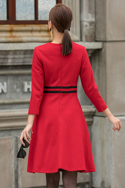 Red Wool A-Line Dress - Contrast Waistband, Long Sleeve 3152