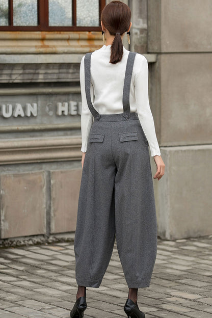 Gray Suspender Wool Pants Women 3153
