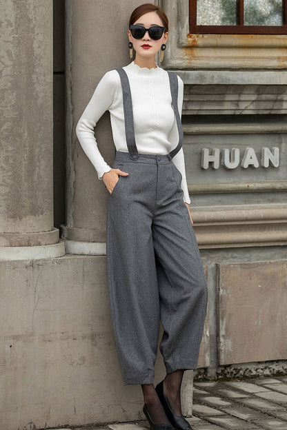 Gray Suspender Wool Pants Women 3153