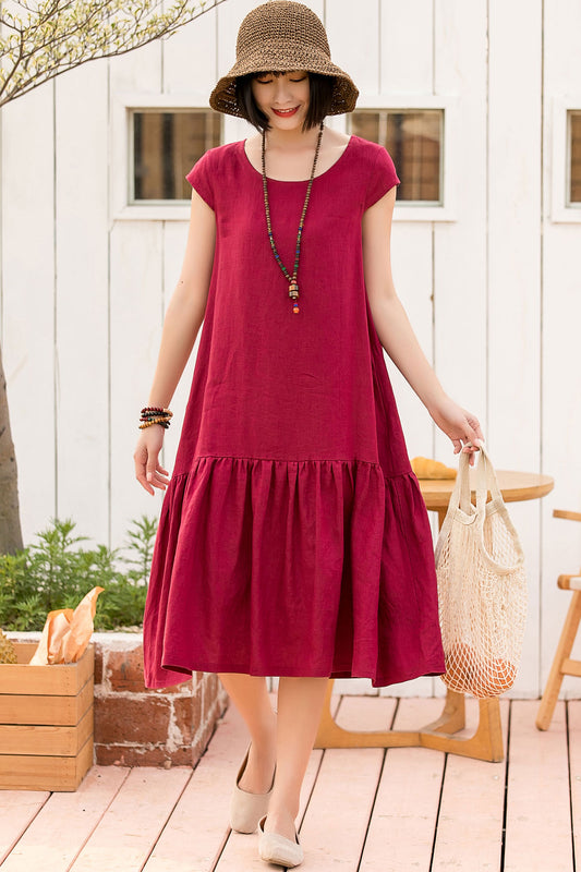 loose fit pleated summer linen dress 280001