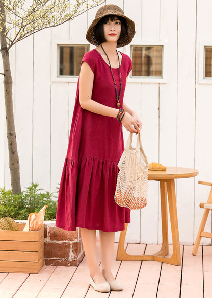 Red Cotton Linen Midi Dress - Loose Fit Pleated Ruffle Hem 2800
