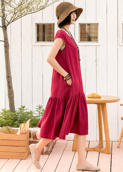 Red Cotton Linen Midi Dress - Loose Fit Pleated Ruffle Hem 2800
