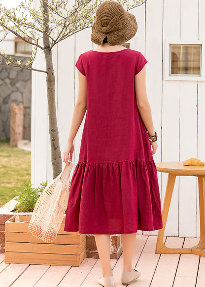 Red Cotton Linen Midi Dress - Loose Fit Pleated Ruffle Hem 2800