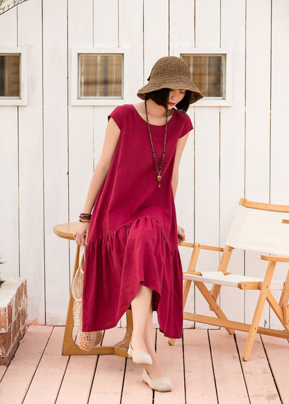 Red Cotton Linen Midi Dress - Loose Fit Pleated Ruffle Hem 2800