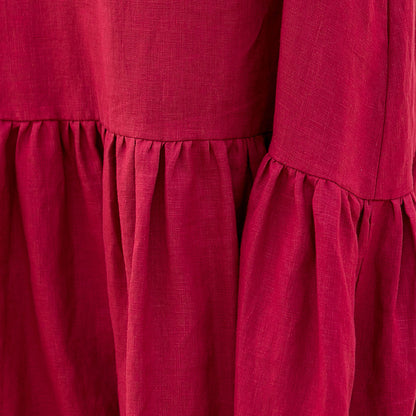 Red Cotton Linen Midi Dress - Loose Fit Pleated Ruffle Hem 2800