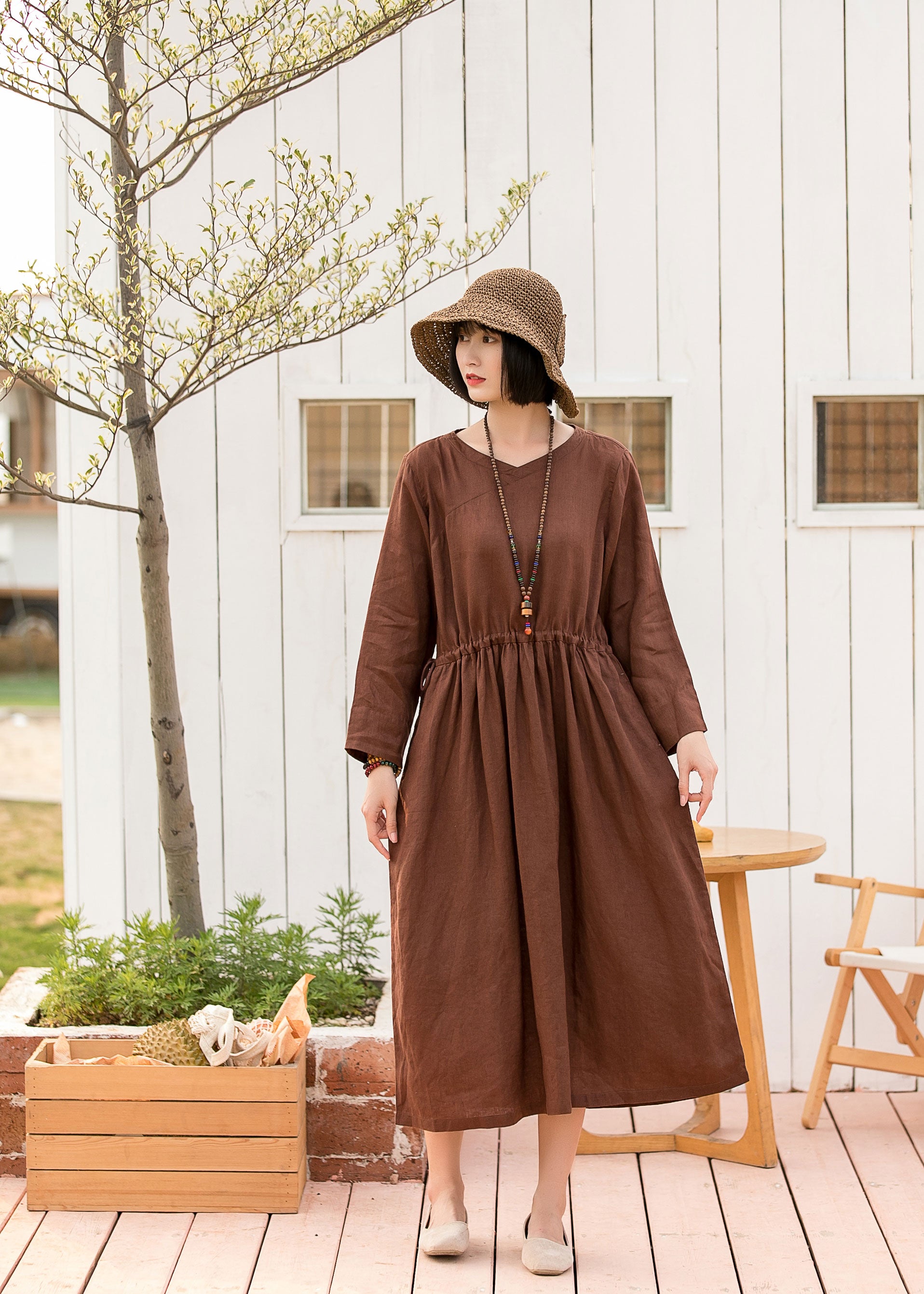 Brown Cotton Linen Midi Dress - Drawstring Waist, V-Neck 2801 Brown Cotton Linen Midi Dress - Drawstring Waist, V-Neck 2801