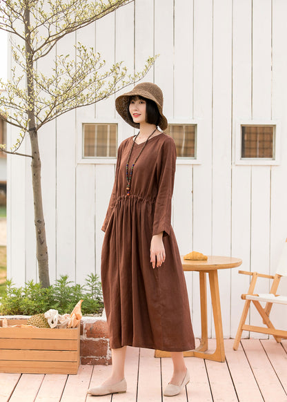 Brown Cotton Linen Midi Dress - Drawstring Waist, V-Neck 2801