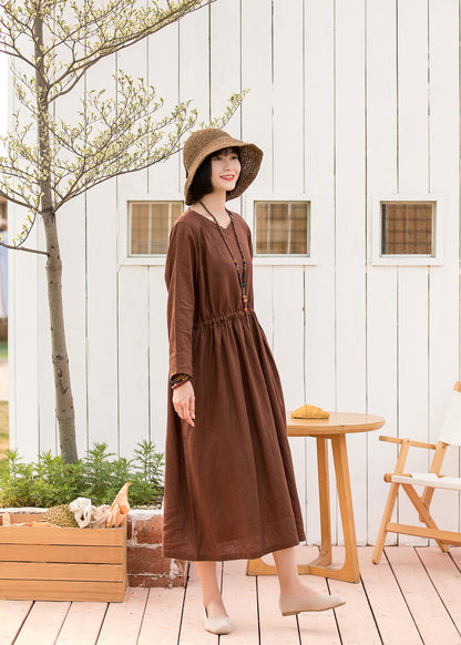 Brown Cotton Linen Midi Dress - Drawstring Waist, V-Neck 2801