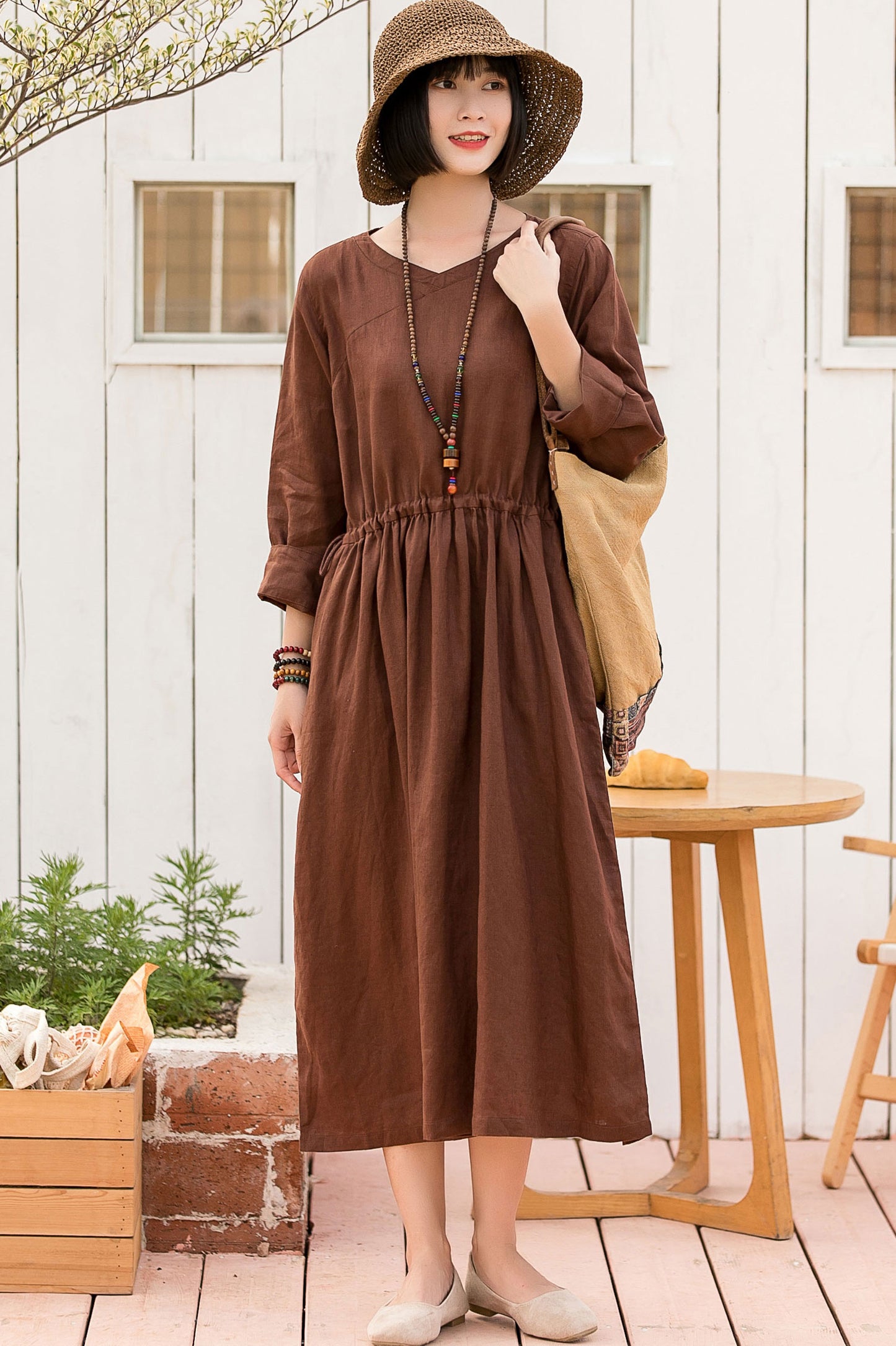 Brown Cotton Linen Midi Dress with Drawstring Waist and V-Neck – Xiaolizi Brown Cotton Linen Midi Dress with Drawstring Waist and V-Neck – Xiaolizi
