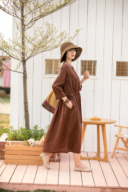 Brown Cotton Linen Midi Dress - Drawstring Waist, V-Neck 2801