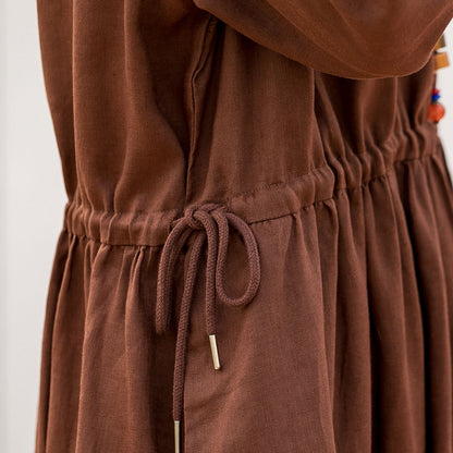 Brown Cotton Linen Midi Dress - Drawstring Waist, V-Neck 2801