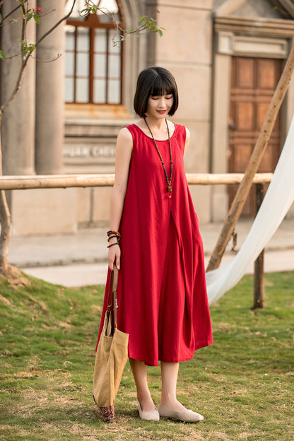 Red Cotton Linen Midi Dress - Sleeveless Pleated with Belt Waist 280201