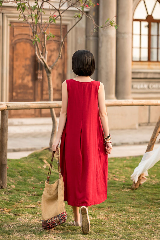 Red Cotton Linen Midi Dress - Sleeveless Pleated with Belt Waist 280201
