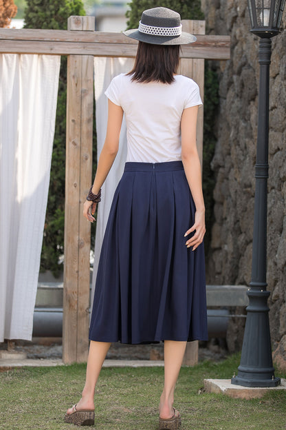 Navy Linen Cotton Midi Skirt - A-Line Vintage Swing 2877