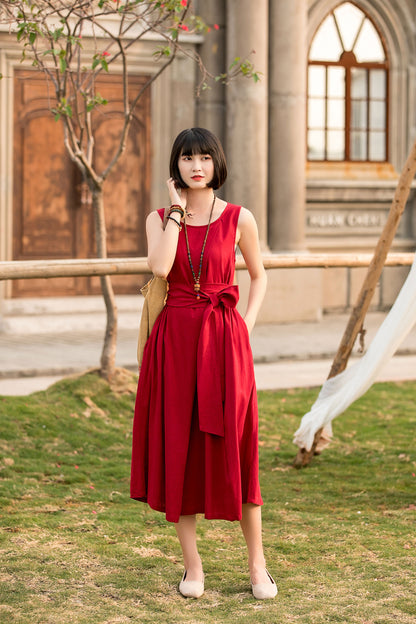 Red Cotton Linen Midi Dress - Sleeveless Pleated with Belt Waist 280201