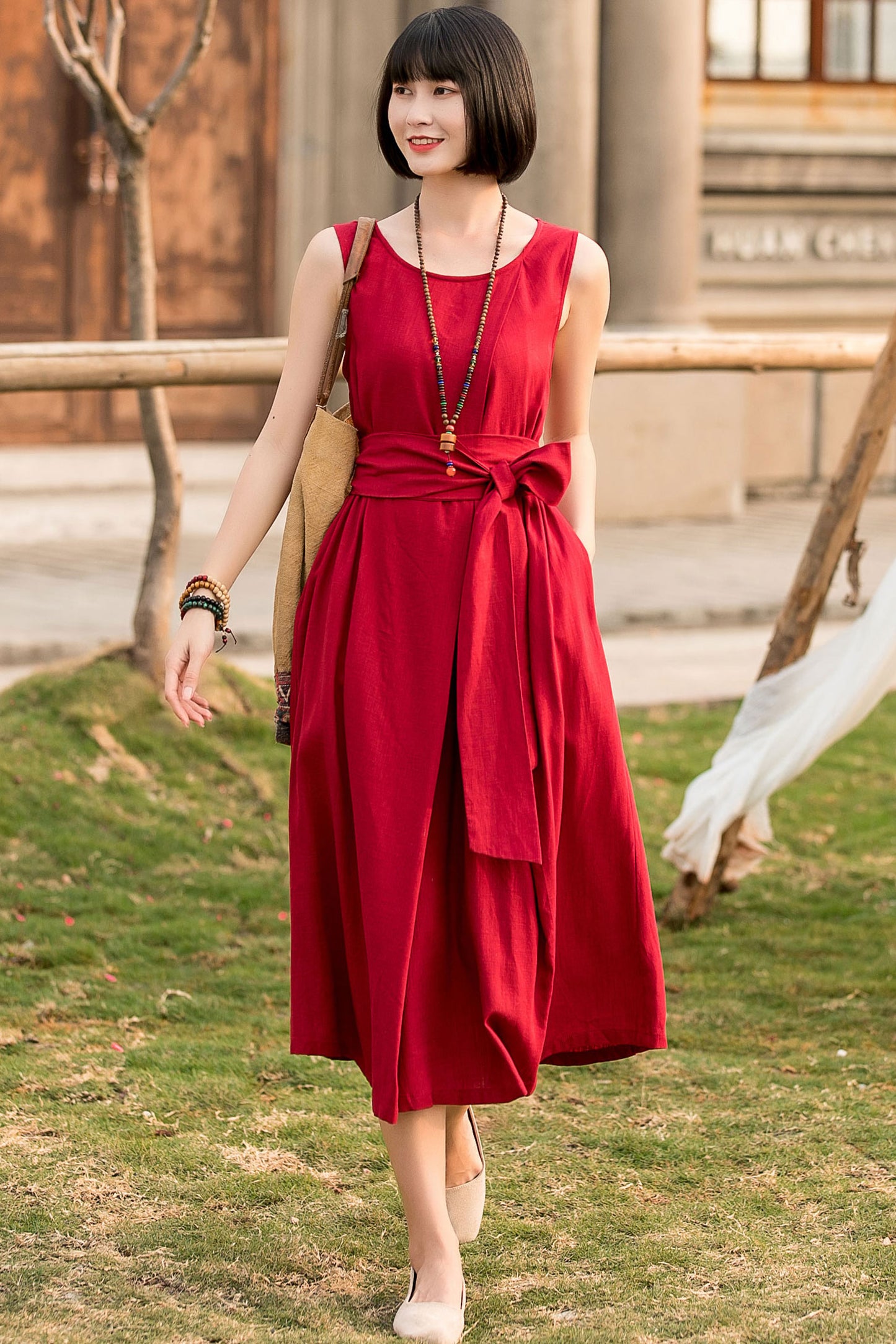 sleeveless pleated cotton linen dress with belt 2802