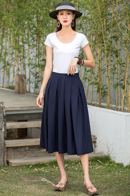 Navy Linen Cotton Midi Skirt - A-Line Vintage Swing 2877