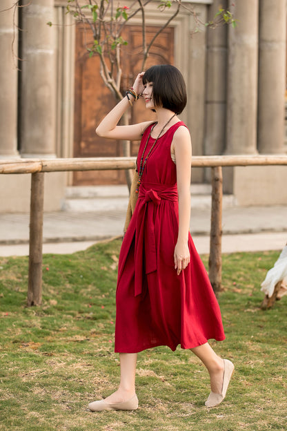 Red Cotton Linen Midi Dress - Sleeveless Pleated with Belt Waist 280201