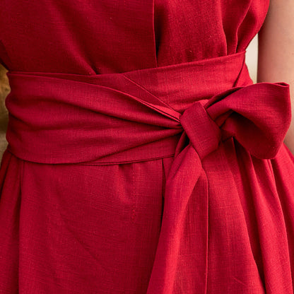 Red Cotton Linen Midi Dress - Sleeveless Pleated with Belt Waist 280201