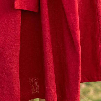 Red Cotton Linen Midi Dress - Sleeveless Pleated with Belt Waist 280201