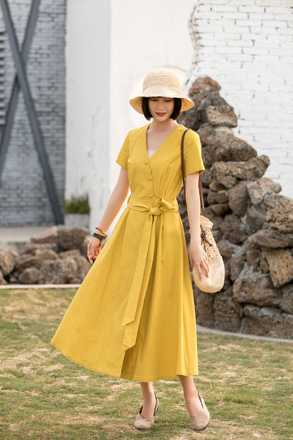 Yellow Cotton Linen Midi Dress - V-Neck Wrap with Belt 2803