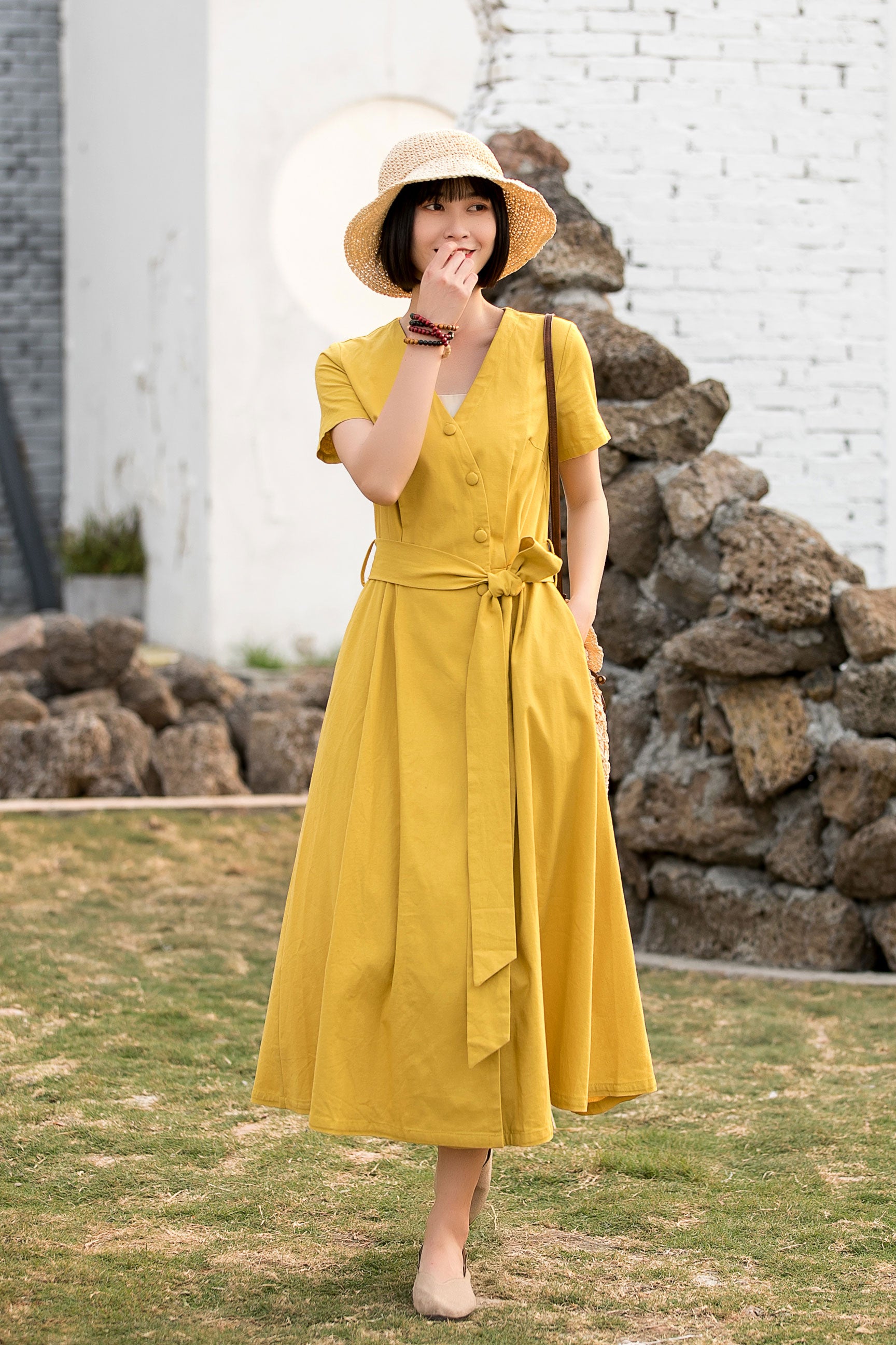 Yellow Cotton Linen Midi Dress with V-Neck Wrap and Belt