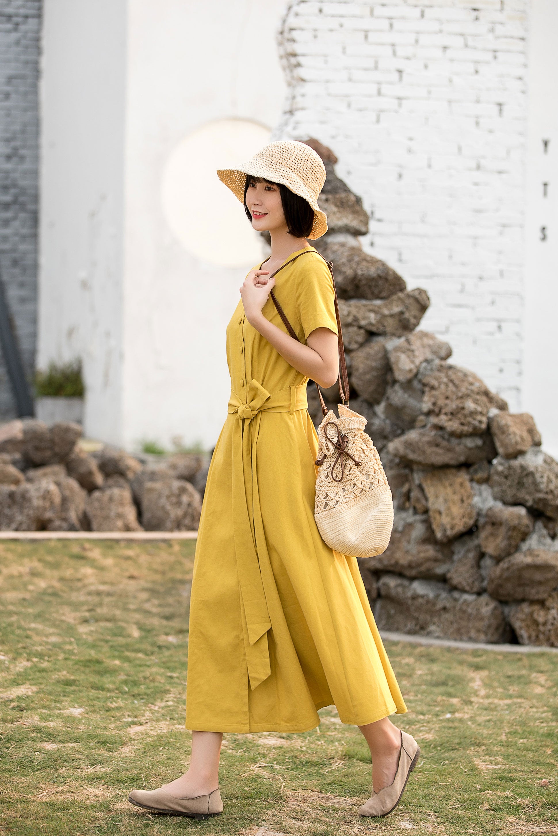 Yellow Cotton Linen Midi Dress with V-Neck Wrap and Belt Yellow Cotton Linen Midi Dress with V-Neck Wrap and Belt